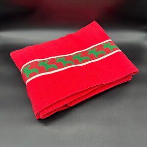 Vintage Christmas Tablecloth Reindeer Red Green Cotton 1987 Tag Textile 62 x 95